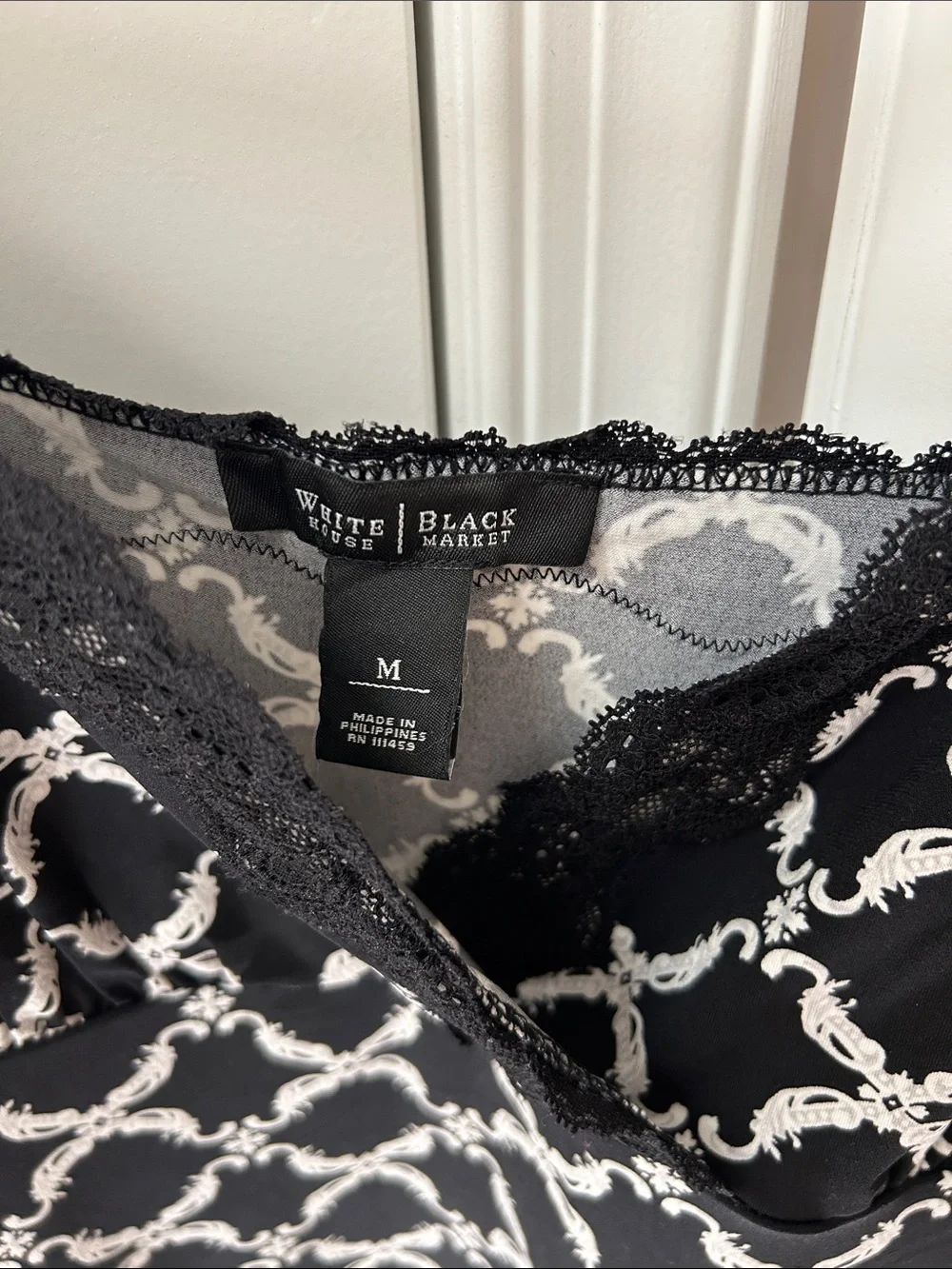 White House Black Market Black and White Printed Lace-Trim Camisole